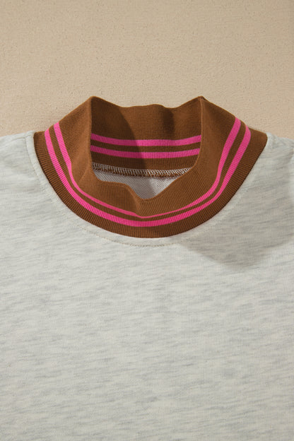 Gray Ribbed Stand Neck Long Sleeve Loose Fit Sweatshirt