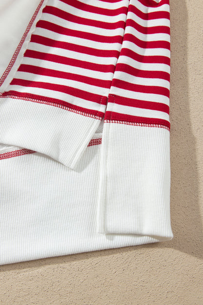 White Striped Contrast Christmas Tree Patchwork Puff Sleeve Top