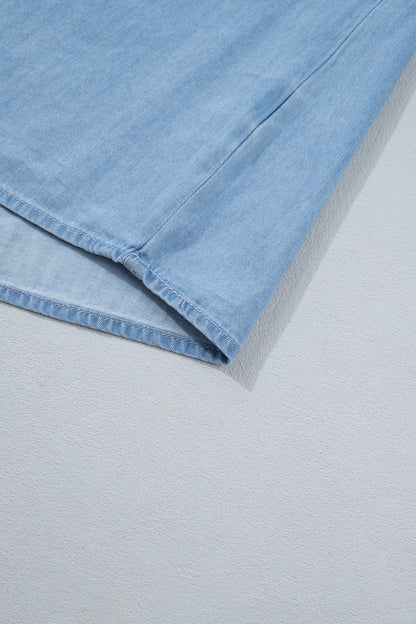 Beau Blue Western Ruffle V Neck Long Sleeve Chambray Blouse