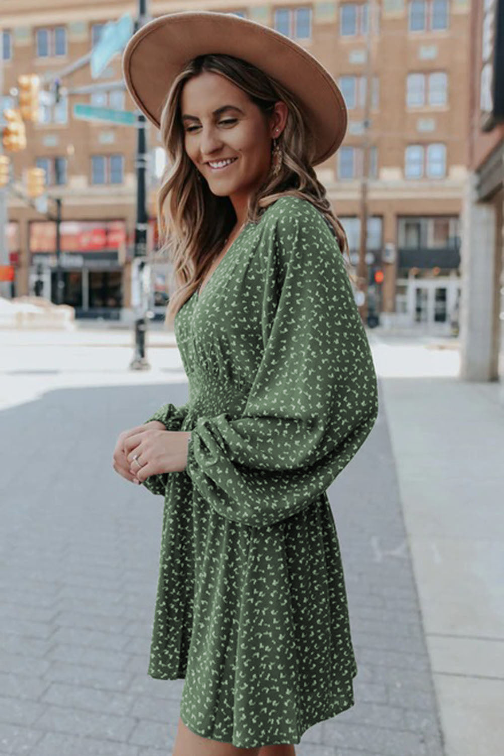 V Neck Balloon Sleeve Smocked Waist Printed Mini Dress