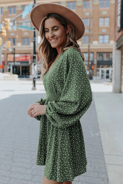 V Neck Balloon Sleeve Smocked Waist Printed Mini Dress