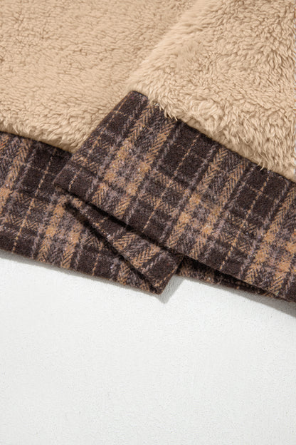 Light French Beige Plaid Collar Button Front Fleece Pullover Sweatshirt