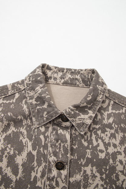 Khaki Abstract Print Long Sleeve Collar Raw Hem Denim Jacket