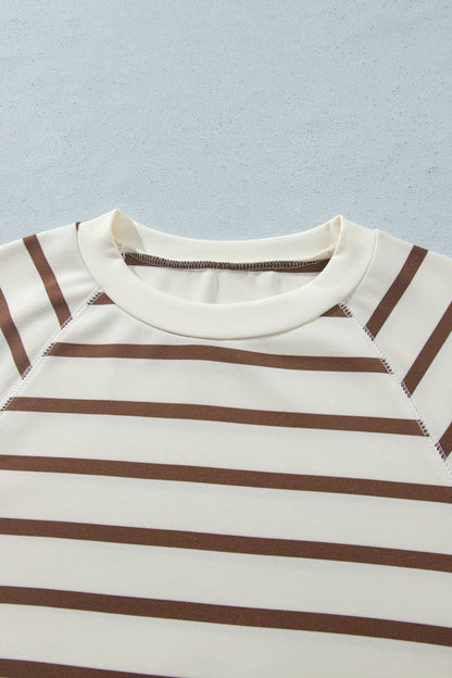 Khaki Stripe Relaxed Long Sleeve Top Color Block Detail Drawstring Pant Set