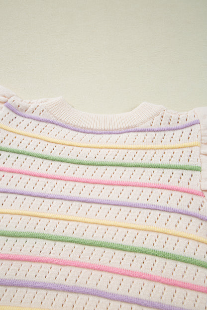 T-shirt pull à manches volantées en tricot à œillets rayé coloré couleur avoine