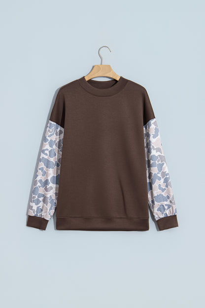 Coffee Camouflage Sleeve Crewneck Baggy Pullover Sweatshirt
