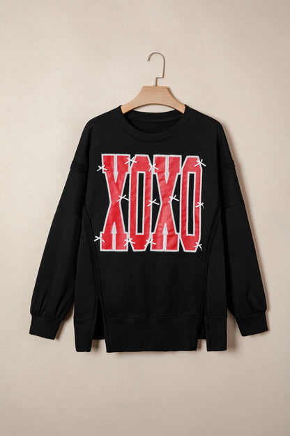 Black Bow Sequin XOXO Letter Graphic Exposed Seam Baggy Sweatshirt