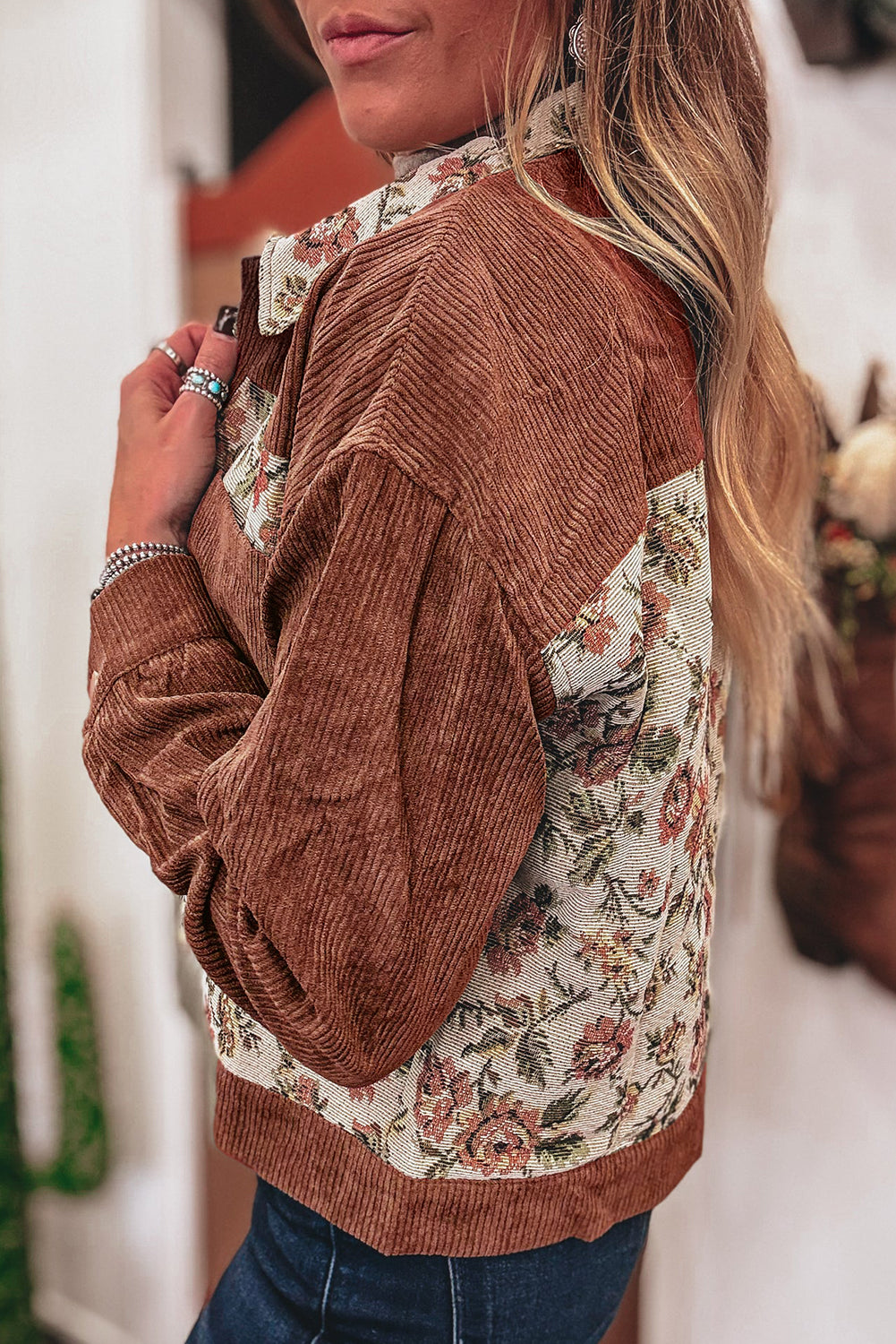 Clay Ribbed Retro Floral Patchwork Shirt Style Jacket