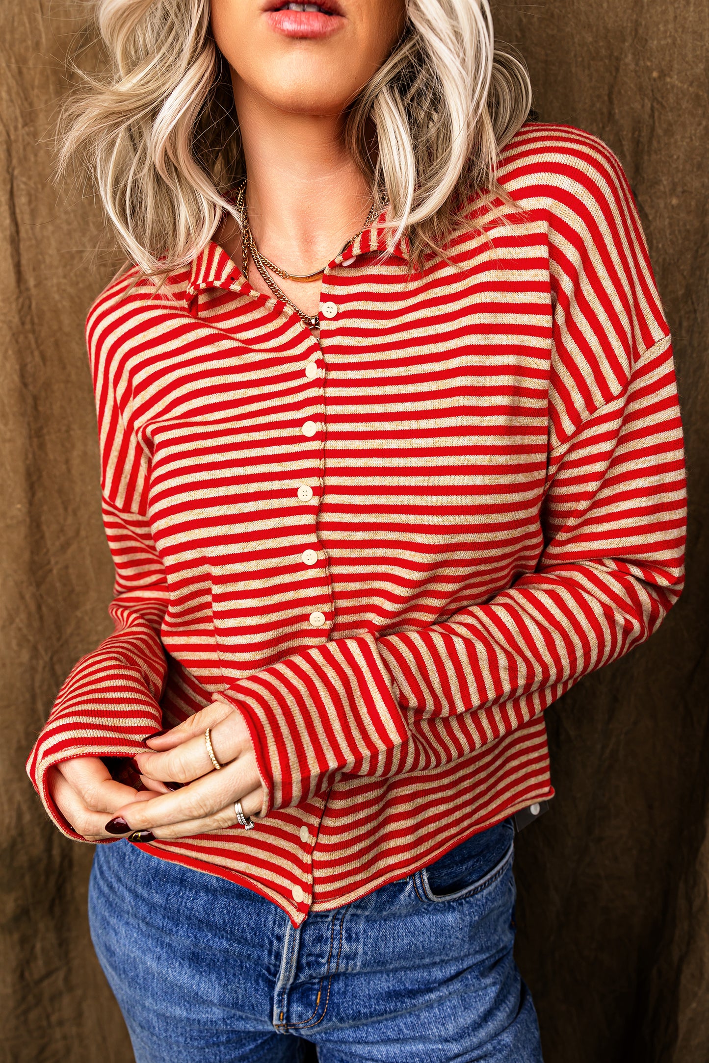 Red Stripe Striped Button Collar Long Sleeve Knit Cardigan