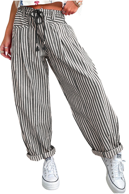 Black Stripe Drawstring Casual Loose Pants