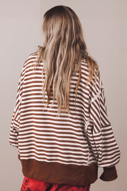 Brown Stripe Color Block Trim Raw Seam Split Hem Loose Pullover Sweatshirt