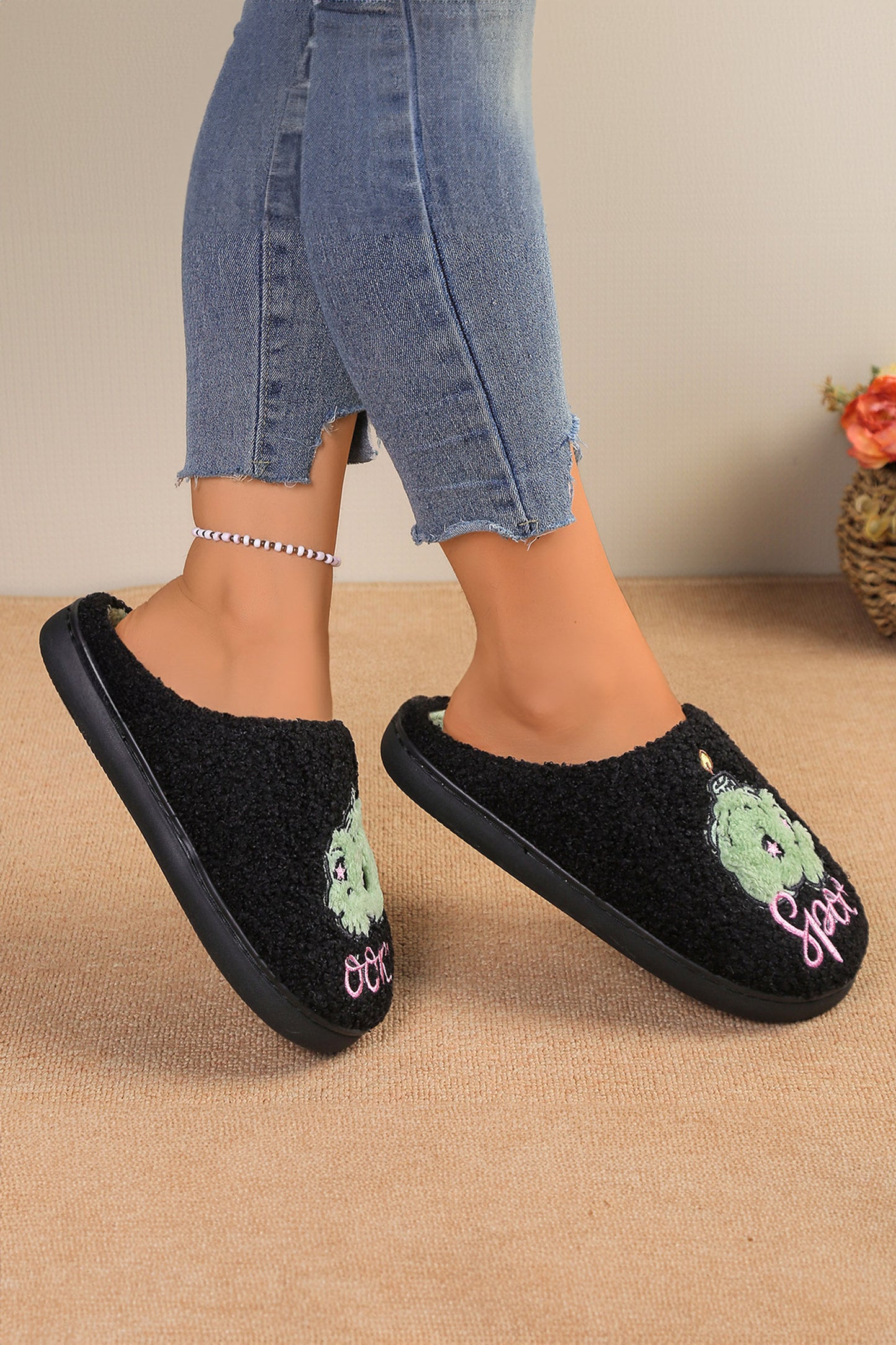 Black Color Contrast spooky Embroidered Asymmetric Plush Winter Slippers