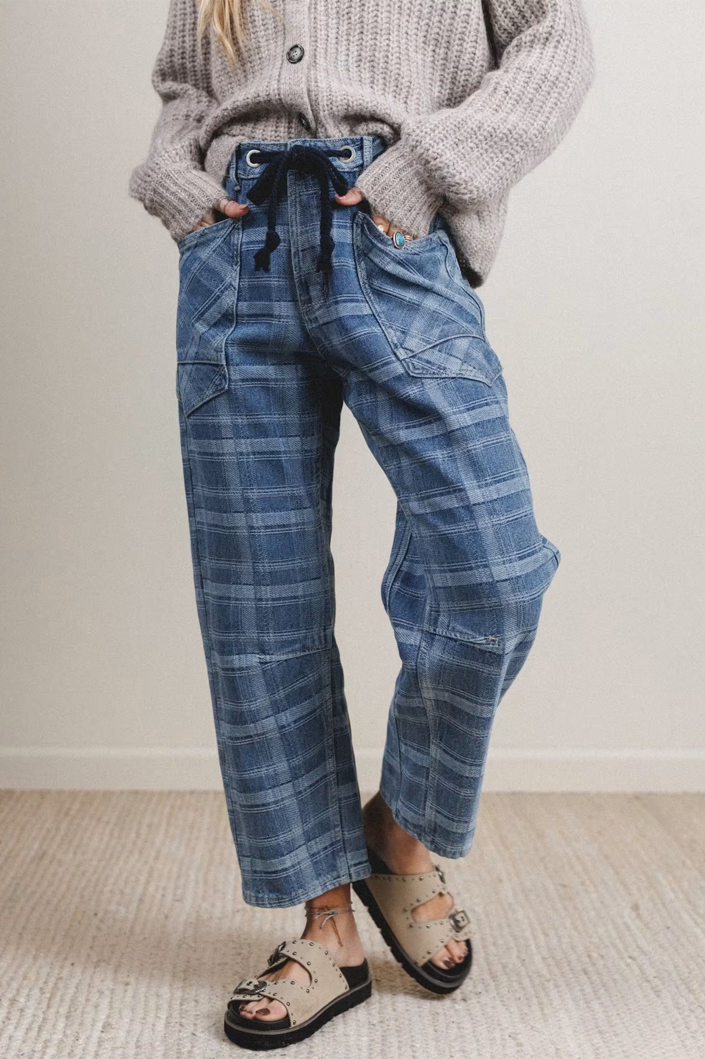 Sky Blue Plaid Denim Grommet Drawstring Waist Ankle-Length Jeans