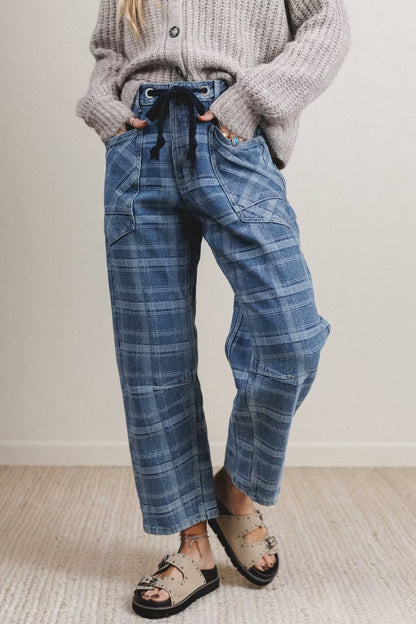 Sky Blue Plaid Denim Grommet Drawstring Waist Ankle-Length Jeans