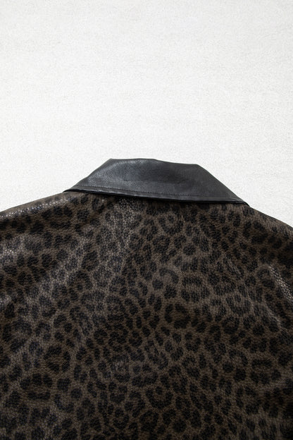 Multicolour Leopard Print Colorblock Collar Metal Placket Jacket