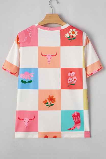 T-shirt à col rond orange à imprimé carreaux Western Fashion