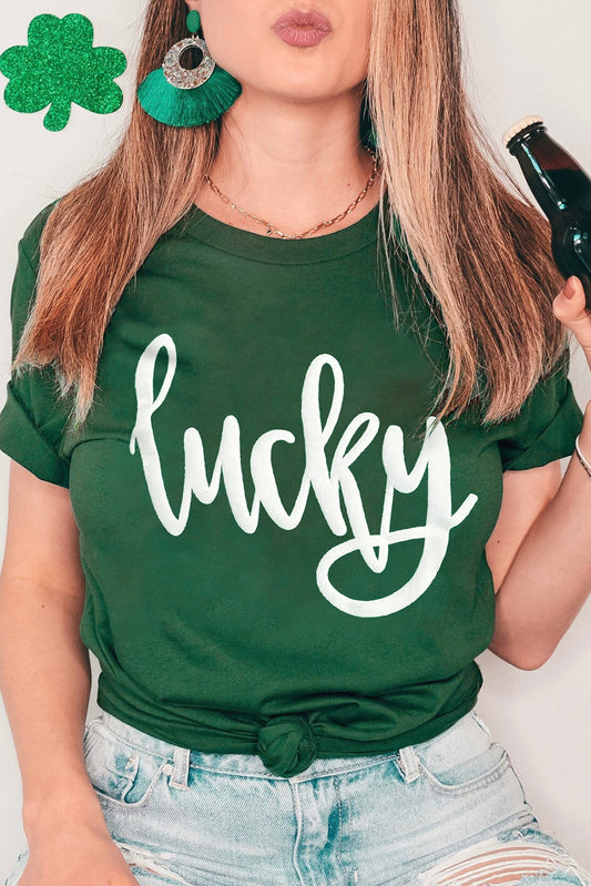 Green St. Patricks Lucky Puff Print Round Neck Casual Tee