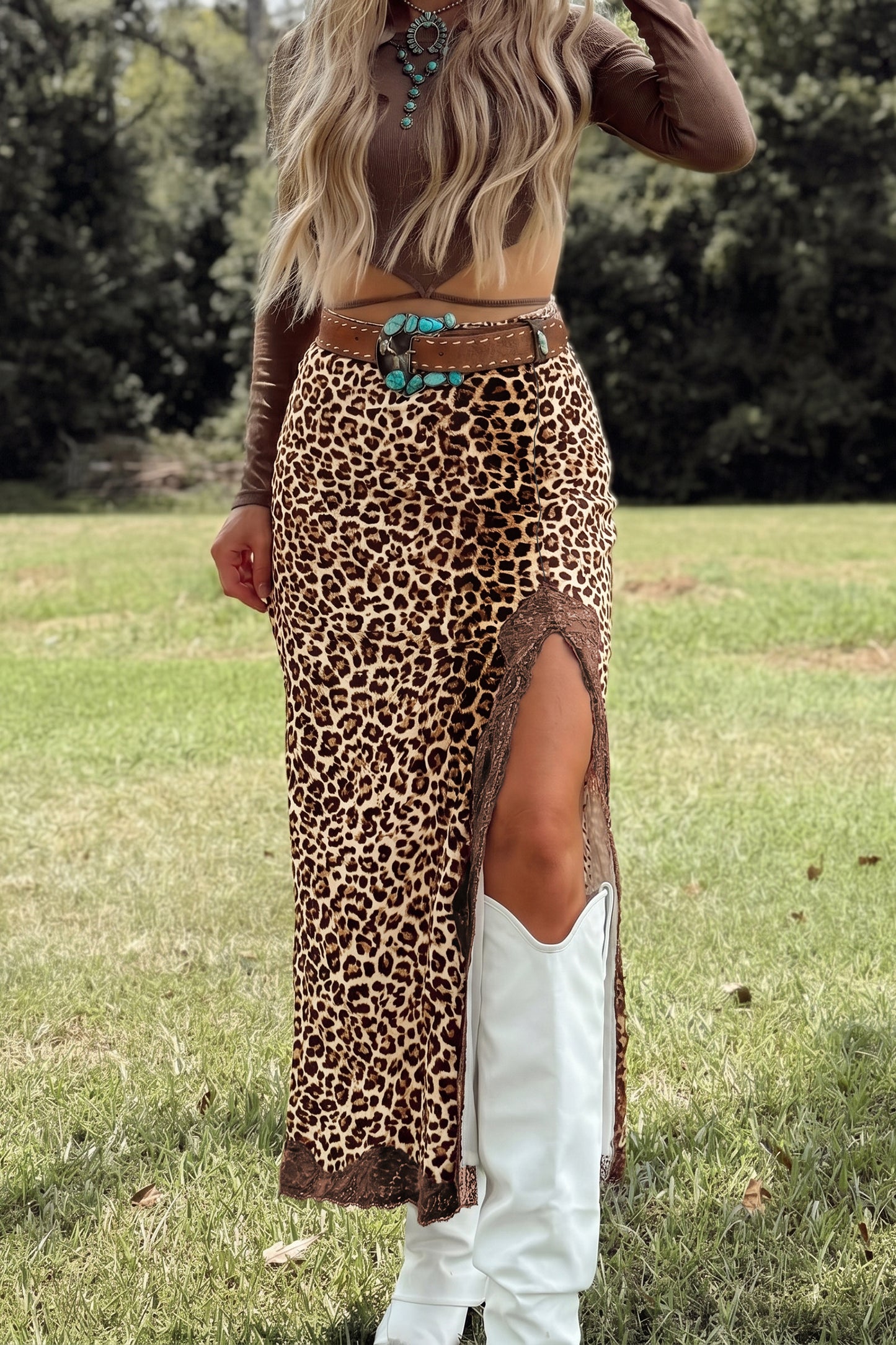 Khaki Cheetah Print Trim Split Long Western Skirt