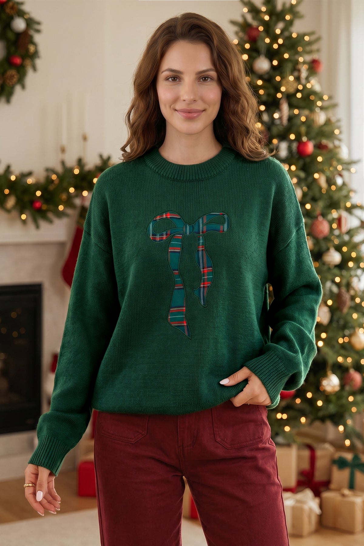 Blackish Green Plaid Bow Detail Drop Shoulder Christmas Sweater
