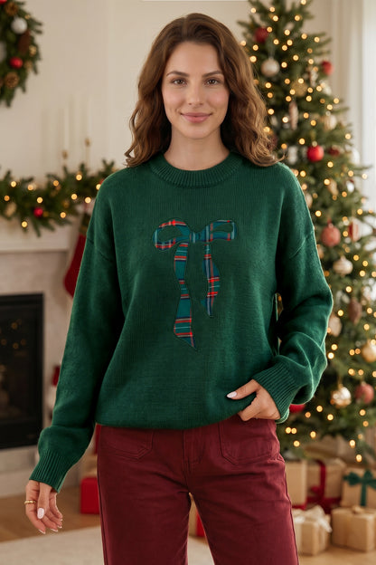 Blackish Green Plaid Bow Detail Drop Shoulder Christmas Sweater