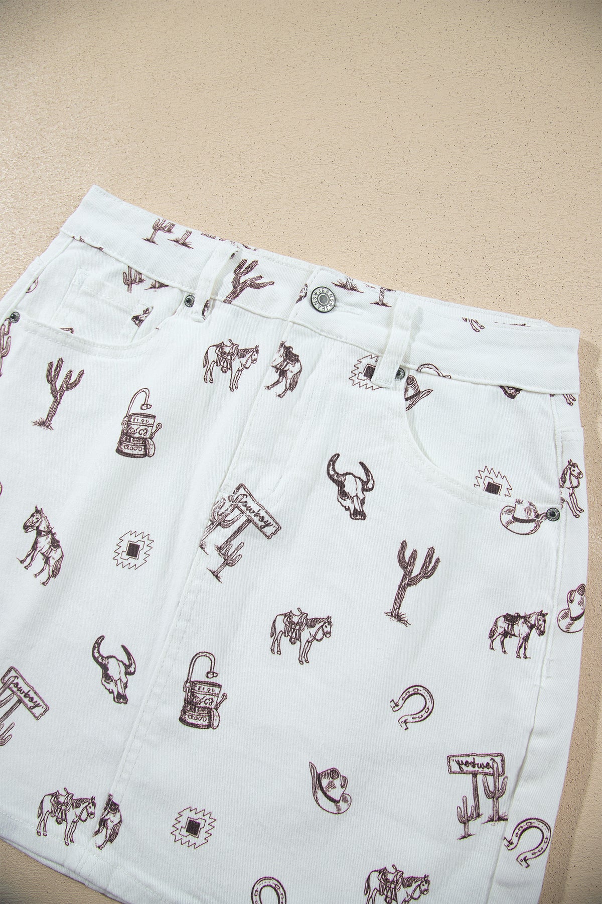 White Western Print Cactus Horse Bull Denim Skirt