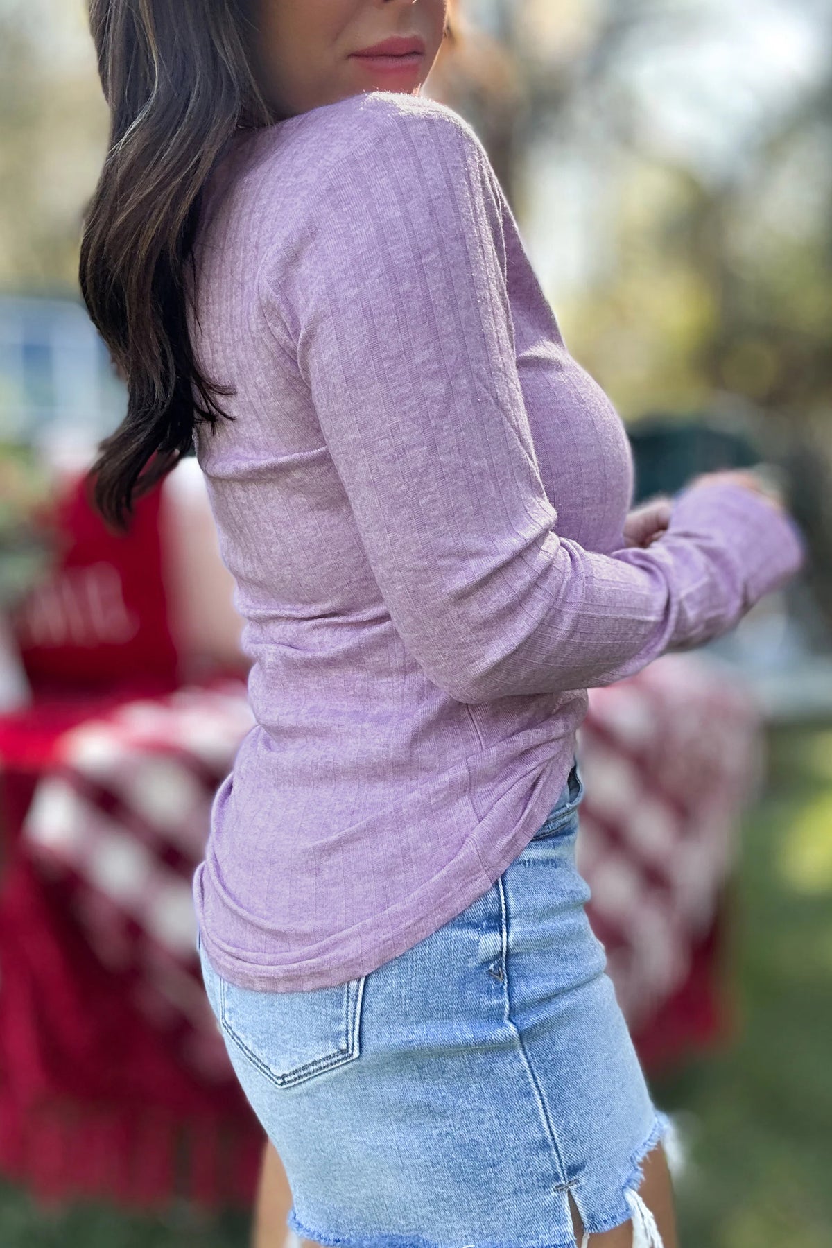 Lavendula Solid Color Ribbed Texture Long Sleeve Round Neck Casual Top