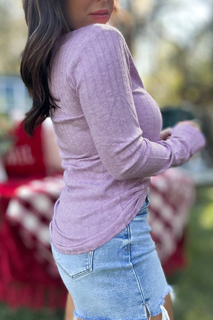Lavendula Solid Color Ribbed Texture Long Sleeve Round Neck Casual Top