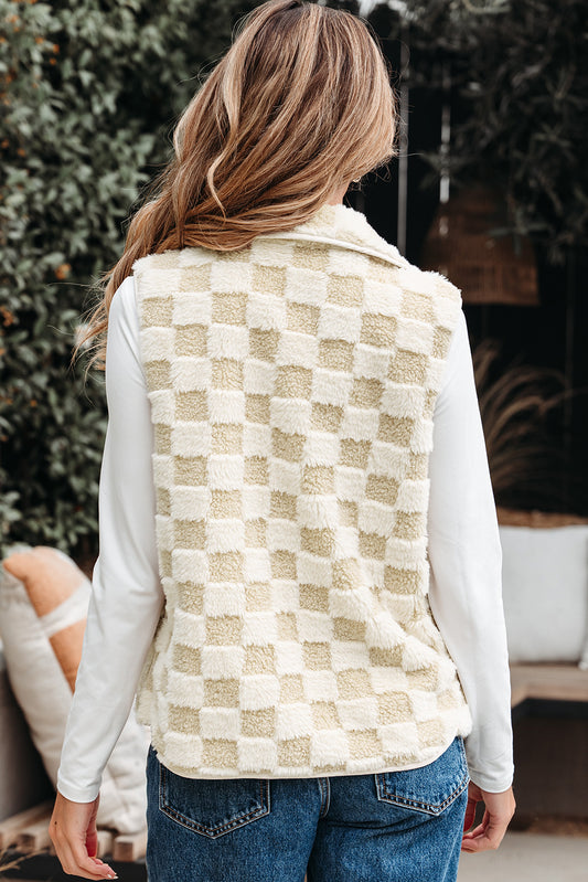 Khaki Sherpa Checkerboard Snap Button Vest Jacket With Pocket