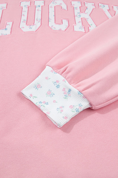 Pink High Neck Floral Patch Embroidery Long Sleeve Sweatshirt