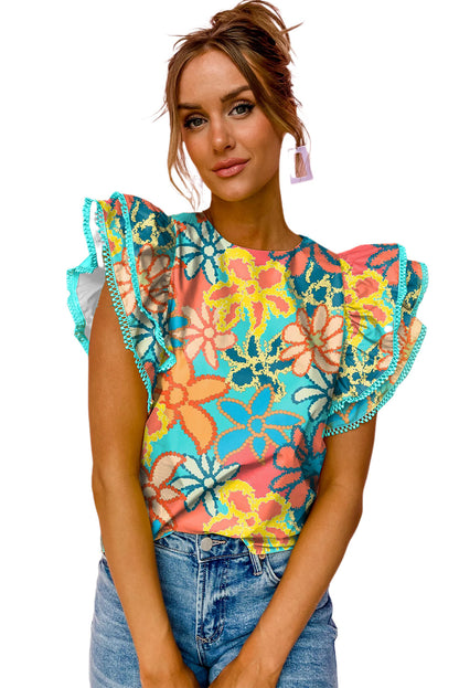 Blusa con mangas con volantes y estampado floral vibrante multicolor
