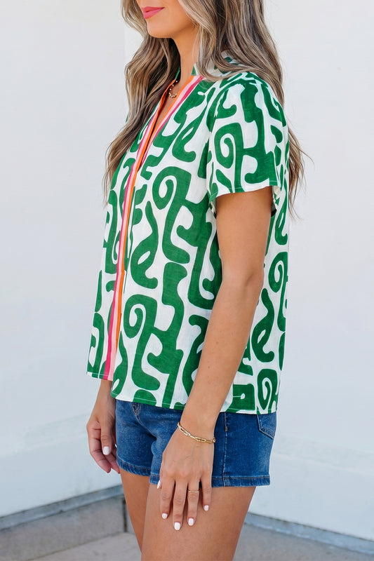 Green Abstract Print Striped Trim V Neck Short Sleeve Blouse