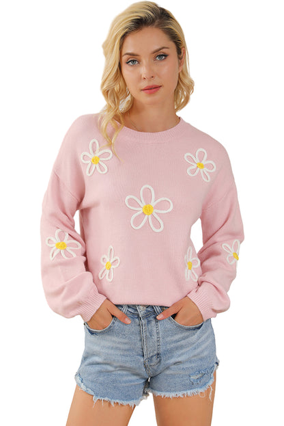 Pull ras du cou rose en chenille avec coutures marguerites 
