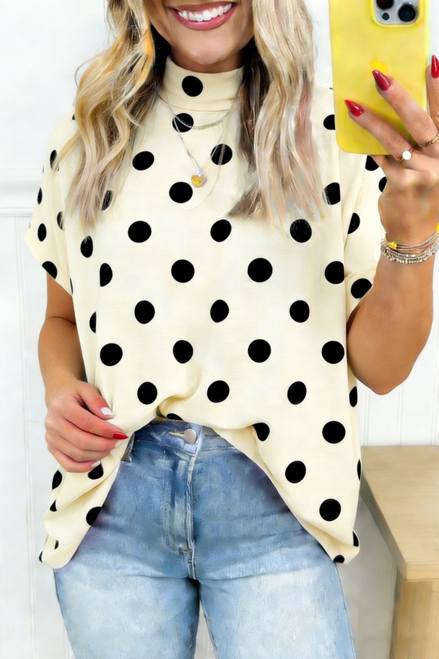 Beige Polka Dot Print High Neck Dolman Top
