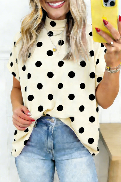 Beige Polka Dot Print High Neck Dolman Top