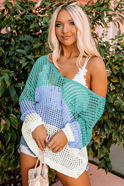 Top de punto con espalda retorcida y manga larga con ojales y bloques de color multicolor 