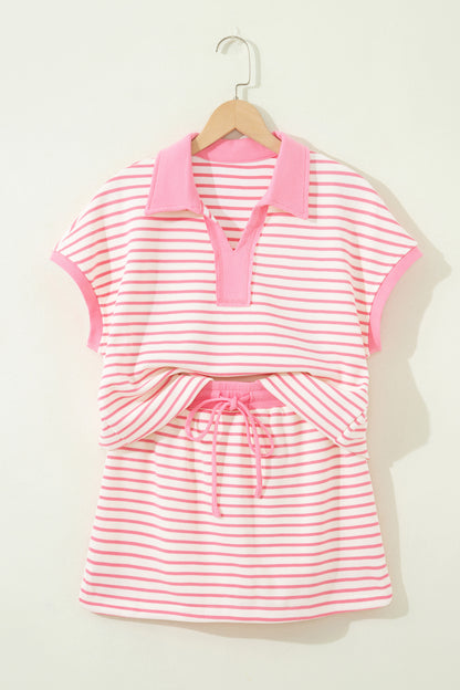 Pink Stripe Color Block Patchwork Polo Tee Drawstring Elastic Waist 2pcs Skort Set