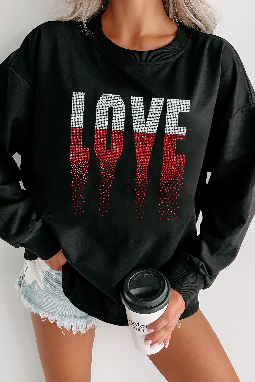 Sweat-shirt ras du cou noir à strass pour la Saint-Valentin