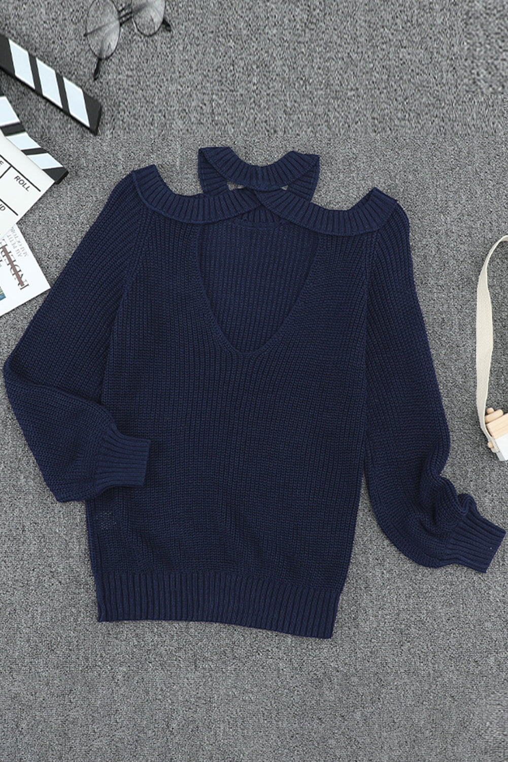 Suéter de punto acanalado con hombros descubiertos y cinturón cruzado sin espalda para mujer, informal, holgado, de manga larga, Color sólido, para invierno