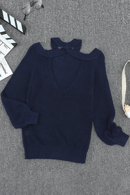 Suéter de punto acanalado con hombros descubiertos y cinturón cruzado sin espalda para mujer, informal, holgado, de manga larga, Color sólido, para invierno