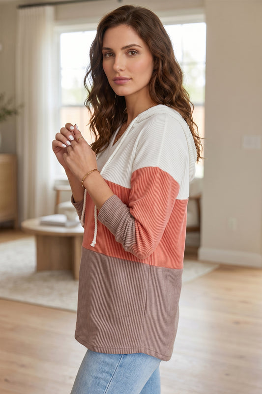 Gold Flame Ribbed Colorblock Hooded Pullover Long Sleeve Top