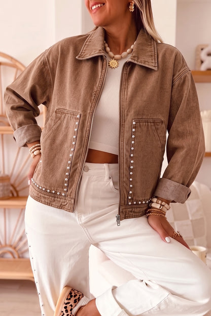 Coffee Studded Metal Zipper Rivet Pockets Long Sleeve Denim Jacket