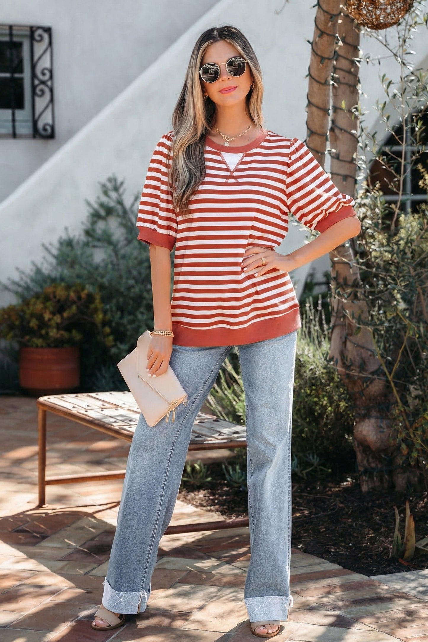 Orange Stripe Short Bubble Sleeve T Shirt