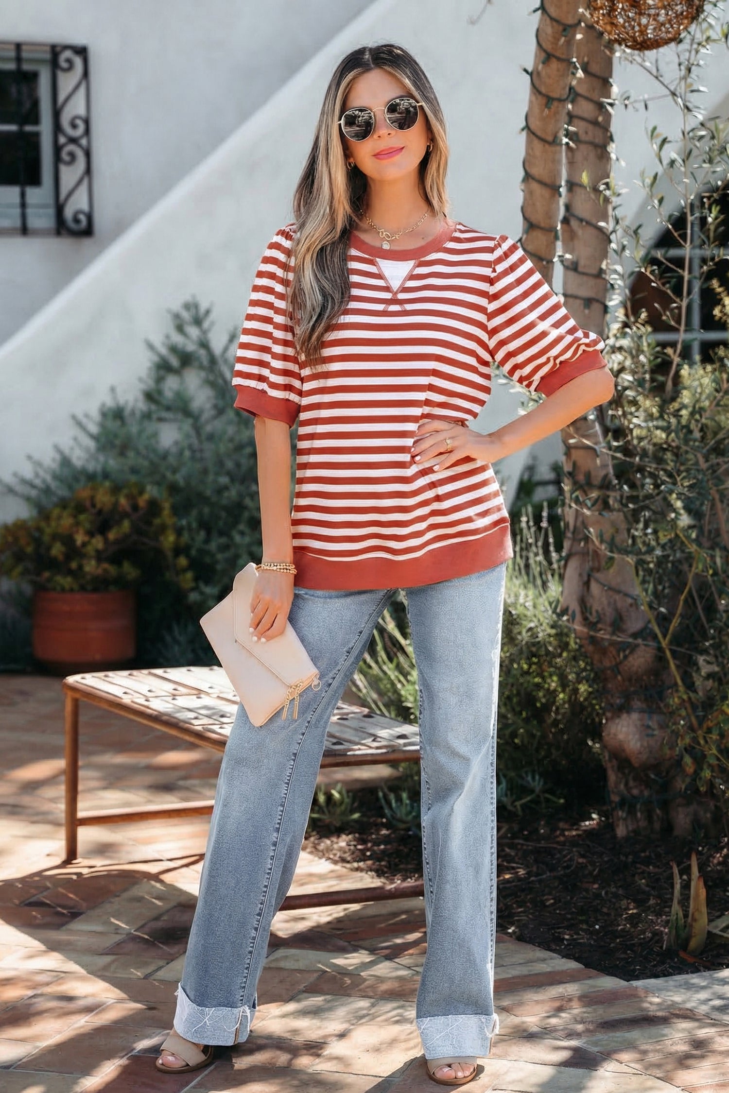 Orange Stripe Short Bubble Sleeve T Shirt