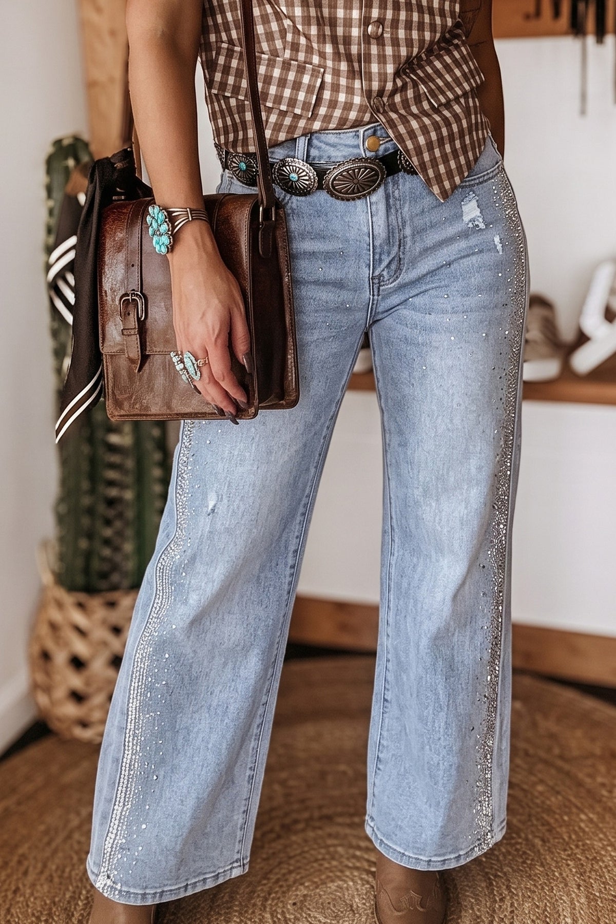 Beau Blue Rhinestone Embellished Western Ripped Shift Jeans