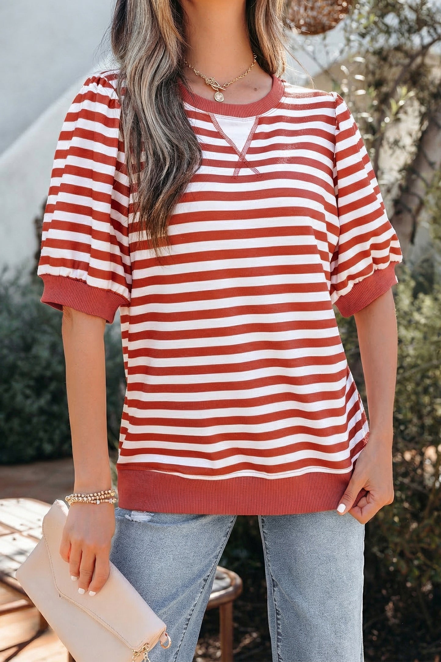 Orange Stripe Short Bubble Sleeve T Shirt