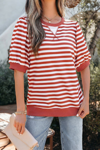 Orange Stripe Short Bubble Sleeve T Shirt