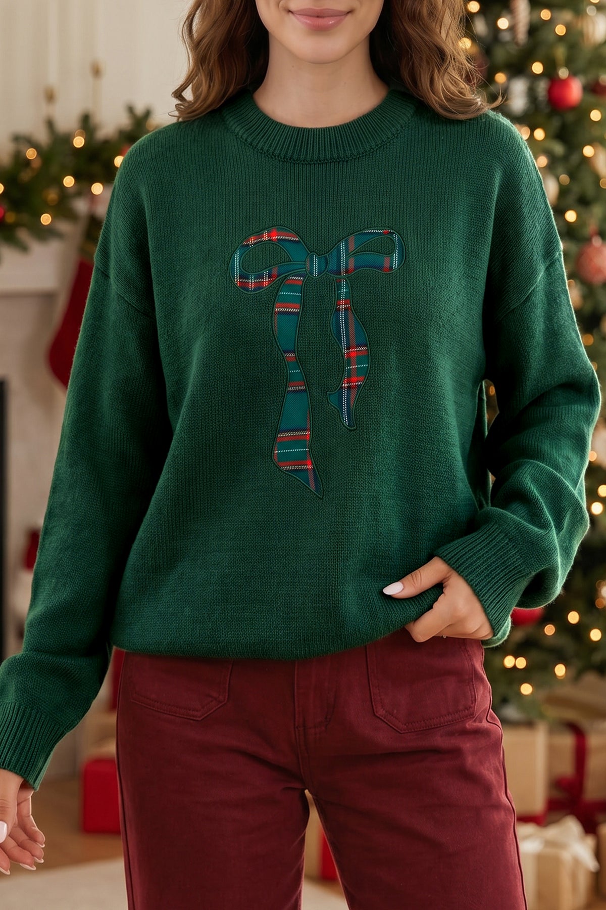 Blackish Green Plaid Bow Detail Drop Shoulder Christmas Sweater