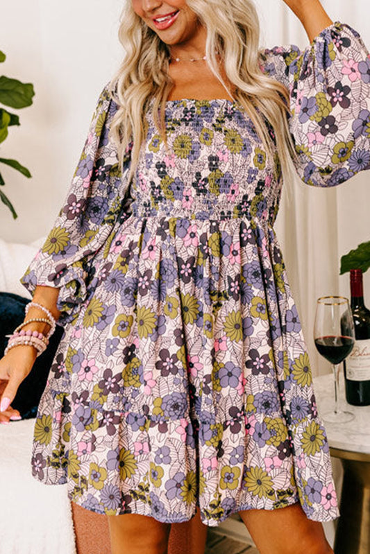 Floral Smocked Bust Square Neck Ruffled Dress