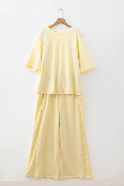 Yellow Cream Solid Color Eyelet Lace Panel Accent Plus Size 2pcs Outfit