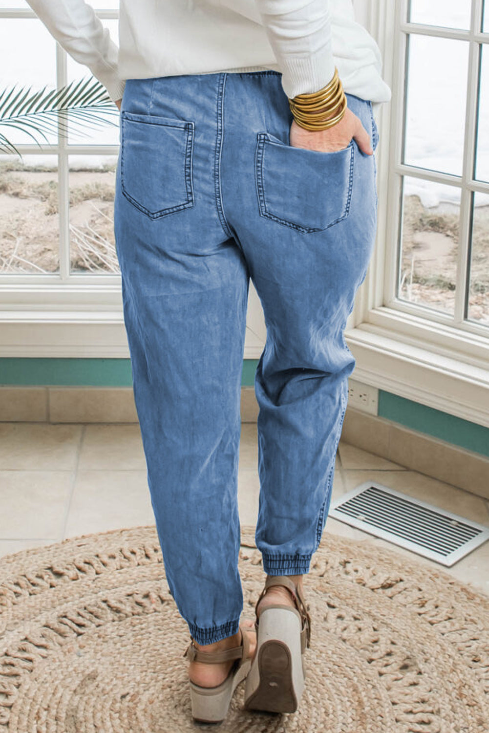 Pantalon de jogging en jean bleu crépuscule grande taille avec cordon de serrage et poches